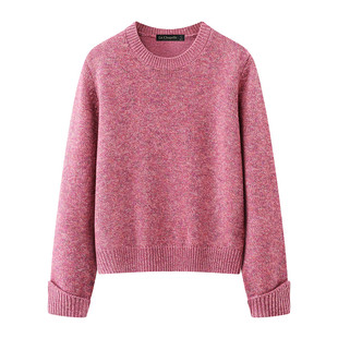 拉夏贝尔/La Chapelle粉色圆领针织衫女宽松套头气质穿搭毛衣上衣
