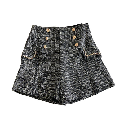 流苏边假口袋高腰短裤裤子