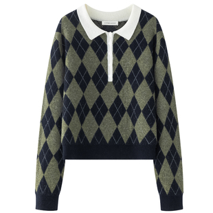 VIKTORIACHAN25/26秋冬成衣系列新品 混色翻领菱格纹长袖针织毛衣