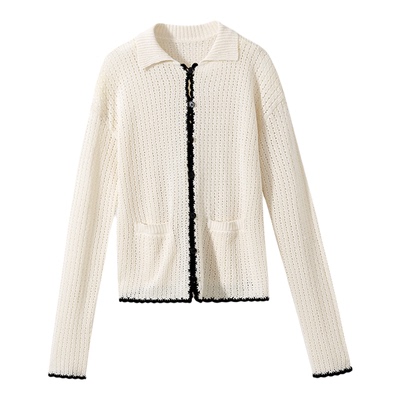 【非遗和纸纱】镂空钩花 小香风黑白撞色POLO领宽松针织开衫上衣