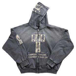 POPPROJECT贴布印花水洗成衣染色做旧复古短宽拉链卫衣外套连帽衫