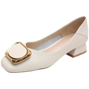 粗跟单鞋女春真皮2026新款浅口中跟瓢鞋温柔晚晚鞋大码女鞋41到43