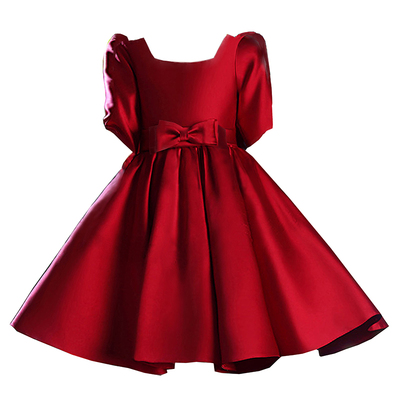 缎面红色花童小女孩婚礼服