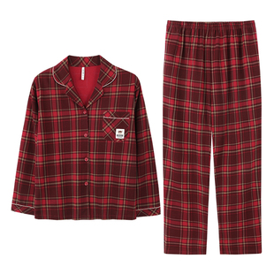达尔丽本命年红色纯棉情侣睡衣秋季新款长袖格子男女家居服薄套装