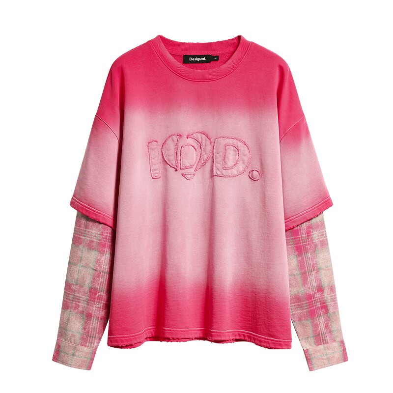 【100%棉】Desigual女式卫衣26秋冬新品粉色渐变吊染假两件外套