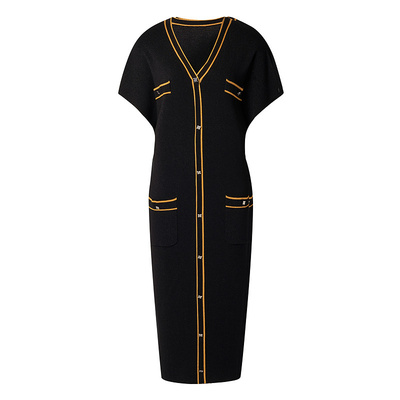 BCBG夏鎏夜休闲通勤金银丝粘胶混纺撞色宽松针织直筒裙连衣裙长款