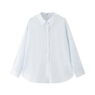 三福蓝色条纹衬衫女2026新款夏季简约袖子打褶宽松上衣女装520331