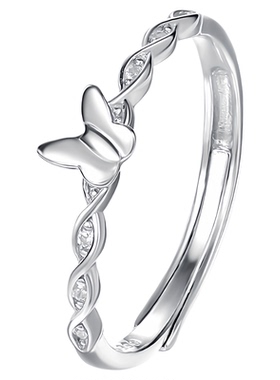 S999纯银简约锆石蝴蝶戒指女款细圈麻花微镶韩系ins冷淡风食指戒