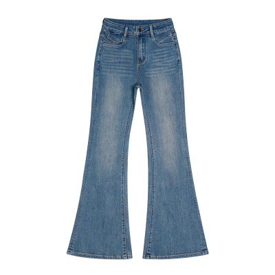 王家有鱼复古蓝中高腰微喇牛仔裤