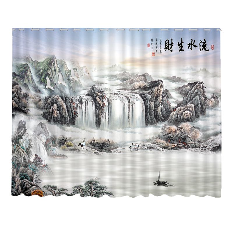 新中式窗帘遮光禅意中国风古典客厅卧室山水画风景透光不透人纱帘