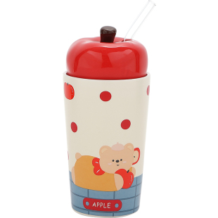 陶瓷苹果马克杯带盖家用喝水吸管杯女士高颜值生日礼物新年杯子