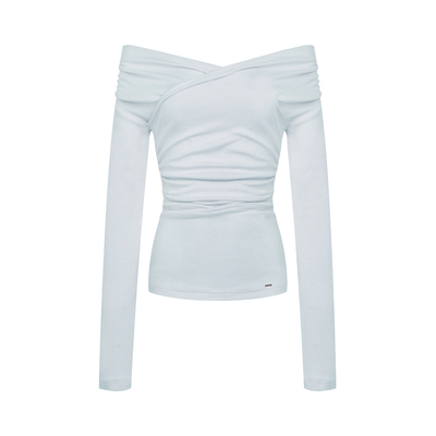 柔软羊毛交叉领露肩修身长袖T恤