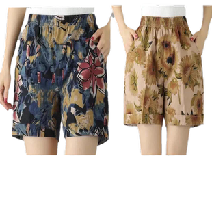 休闲印花短裤女中年妈妈装新款宽松高腰显瘦百搭五分裤大码裤子女
