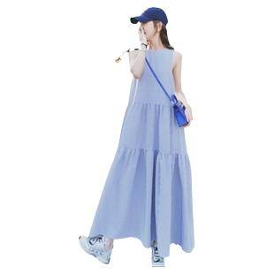 蓝色条纹无袖背心连衣裙女夏长款到脚踝韩版宽松休闲海边度假长裙