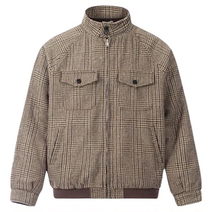 威尔士亲王千鸟格羊毛夹克男秋冬哈灵顿短宽立领设计外套立体剪裁