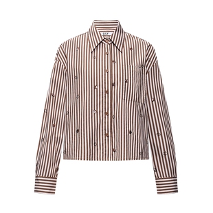 LILY2026春新款女装复古翻领条纹亮片宽松休闲通勤咖啡色衬衫外套