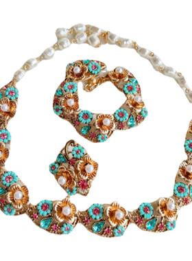 蓝色花朵复古宫廷风珍珠项链