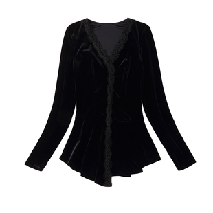 秋冬黑色金丝绒上衣女2025新款V领洋气蕾丝内搭显瘦加绒打底衫女