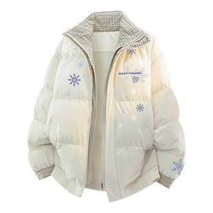 查尔斯桃心美式雪花格子假两件反季棉服冬季加厚面包情侣棉衣外套