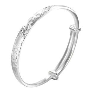 梦祥银99足银车花凤凰银手镯女推拉可调节百搭银镯子银饰 送礼物