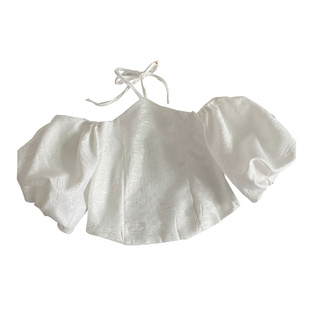 法式设计感一字肩挂脖衬衫女2023夏季新款泡泡袖不规则短款上衣