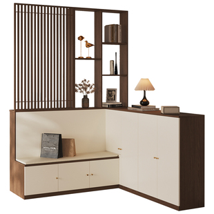 中古风L型转角格栅鞋柜门厅隔断柜双面收纳柜换鞋凳一体定制玄关