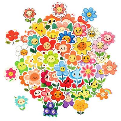50张七彩多巴胺童趣小花朵笑脸贴