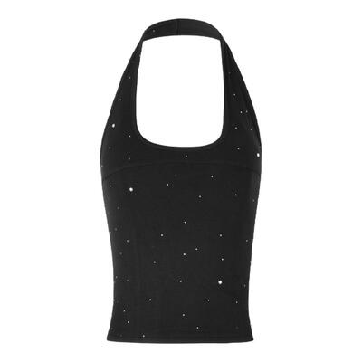 ourhour 满天星烫钻 黑色U领削肩挂脖修身短背心 女夏设计感上衣