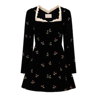 yeye by b.Fleurs新款法式复古方领玫瑰花绣花丝绒百搭长袖连衣裙