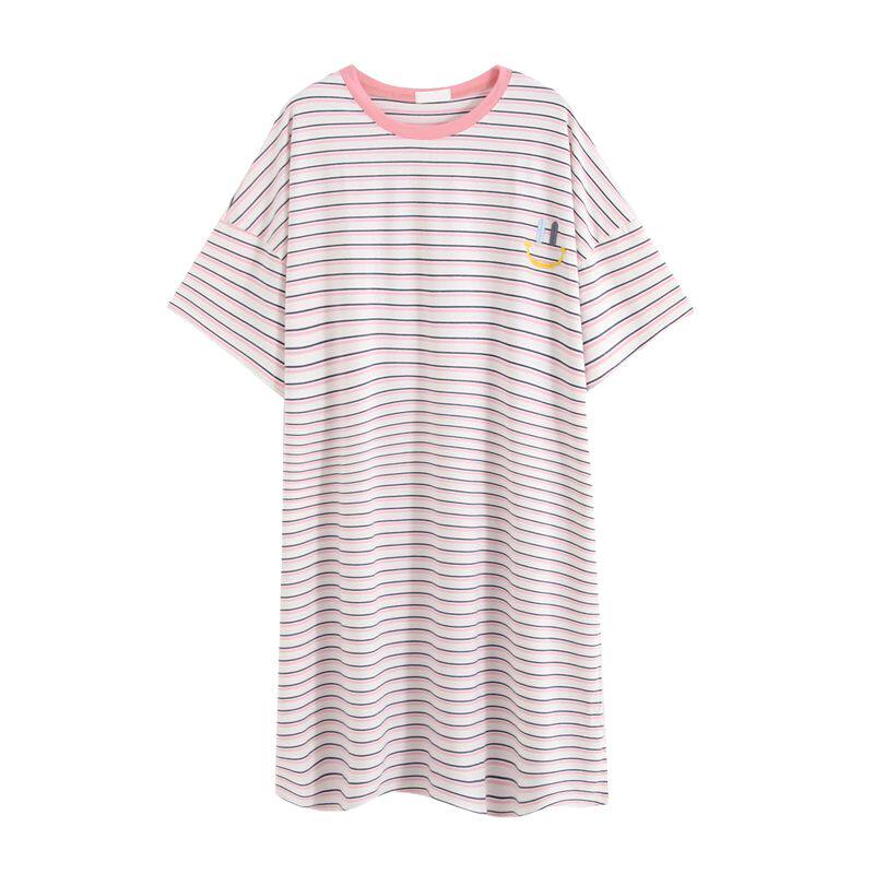HEARMES 简约条纹睡裙女夏纯棉短袖可外穿宽松大码长裙睡衣家居服