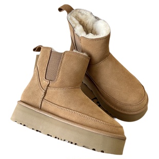 河南桑坡羊皮毛一体真皮羊毛切尔西松糕厚底雪地靴女短筒短靴加厚