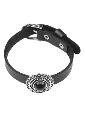 黑色牛皮银色圆盘花卉树脂窄手链