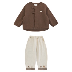 幼悠童装男童棉麻长袖猫咪玩偶外套宽松透气儿童百搭长裤慵懒套装