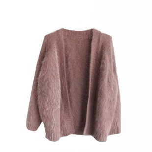 w073韩国女装新品2025柔美长毛貂绒无扣长袖秋冬女开衫毛衣外套