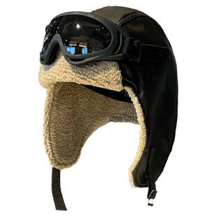 飞行帽子男冬天PU皮质滑雪帽东北骑车防寒护耳帽加绒加厚雷锋帽女
