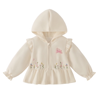[7A抑菌]女童外套春季新款洋气针织儿童上衣春款花边连帽宝宝衣服