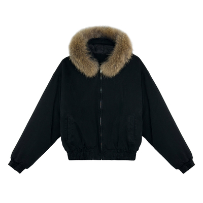 可拆卸黑色连帽真毛领外套
