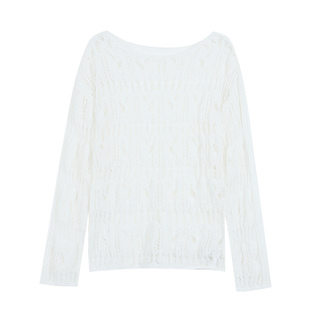 pusumede 涟漪织梦 小船领镂空针织罩衫女慵懒宽松外搭长袖上衣