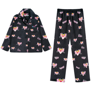 亲嘴猫【粉红豹】法兰绒可外穿翻领卡通少女保暖睡衣家居服套装冬