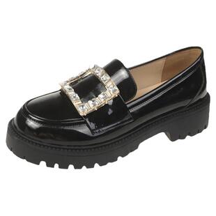 真皮加绒小皮鞋女2026春季新款英伦风水钻方扣乐福鞋粗跟厚底单鞋