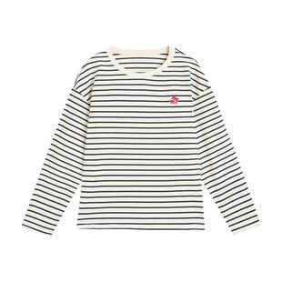 紫涵圆领撞色条纹长袖T恤女春秋季新款休闲猫咪刺绣100%纯棉上衣