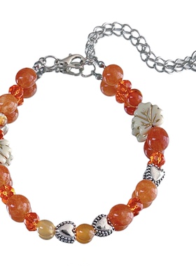 【绯红凝珠】MIES原创秋冬氛围手串橙色串珠树叶手链精致女款饰品