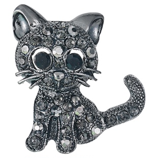 跨境复古个性可爱卡通猫咪胸针合金镶钻枪黑猫咪造型服装配饰胸针