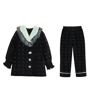 原创薄荷绿女刺绣三层加厚夹棉睡衣两件套宽松加绒家居服套装冬新