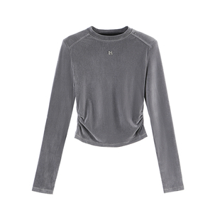 【商场同款】X--MOOM2025秋季新款植绒网布收腰修身长袖T恤上衣女