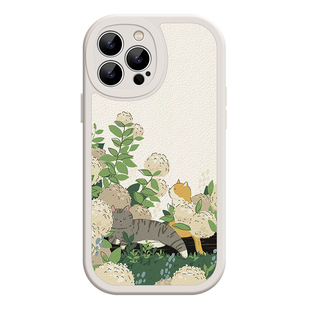 午后猫咪艺术插画iPhone17promax苹果16小米15华为mate80/p70适用14荣耀vivox300一加13oppo新款小羊皮手机壳