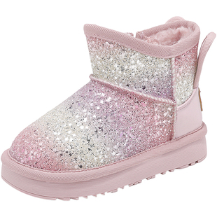 安奈儿女童靴子2025新款冬公主风亮片雪地靴加绒冬鞋儿童保暖短靴