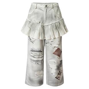 BAK原创设计感牛仔裤尘封折痕假两件数码印花喷脏水洗百褶裙裤女