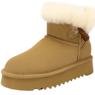 UBZ 防水厚底毛毛牛角扣雪地靴女2025冬加绒加厚东北保暖增高棉鞋