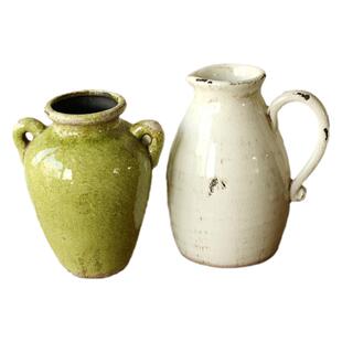 法式乡村地中海做旧陶瓷花瓶白色把式花瓶 暗绿色复古花器花壶